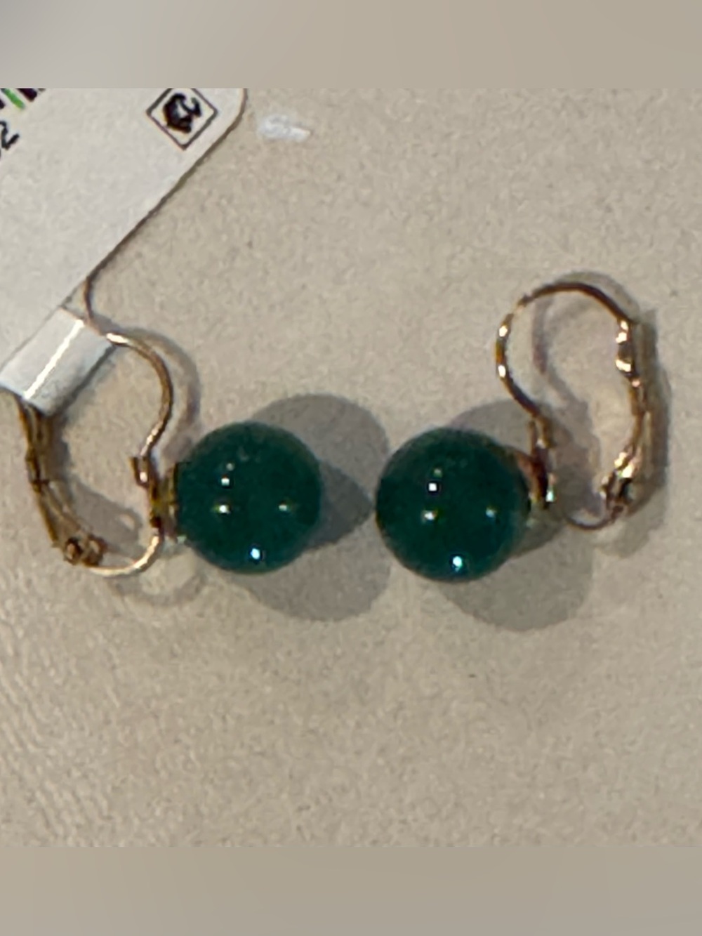 NWT Gold Leverback Earrings with Dark Green Glass Beads with Half Inch Drop